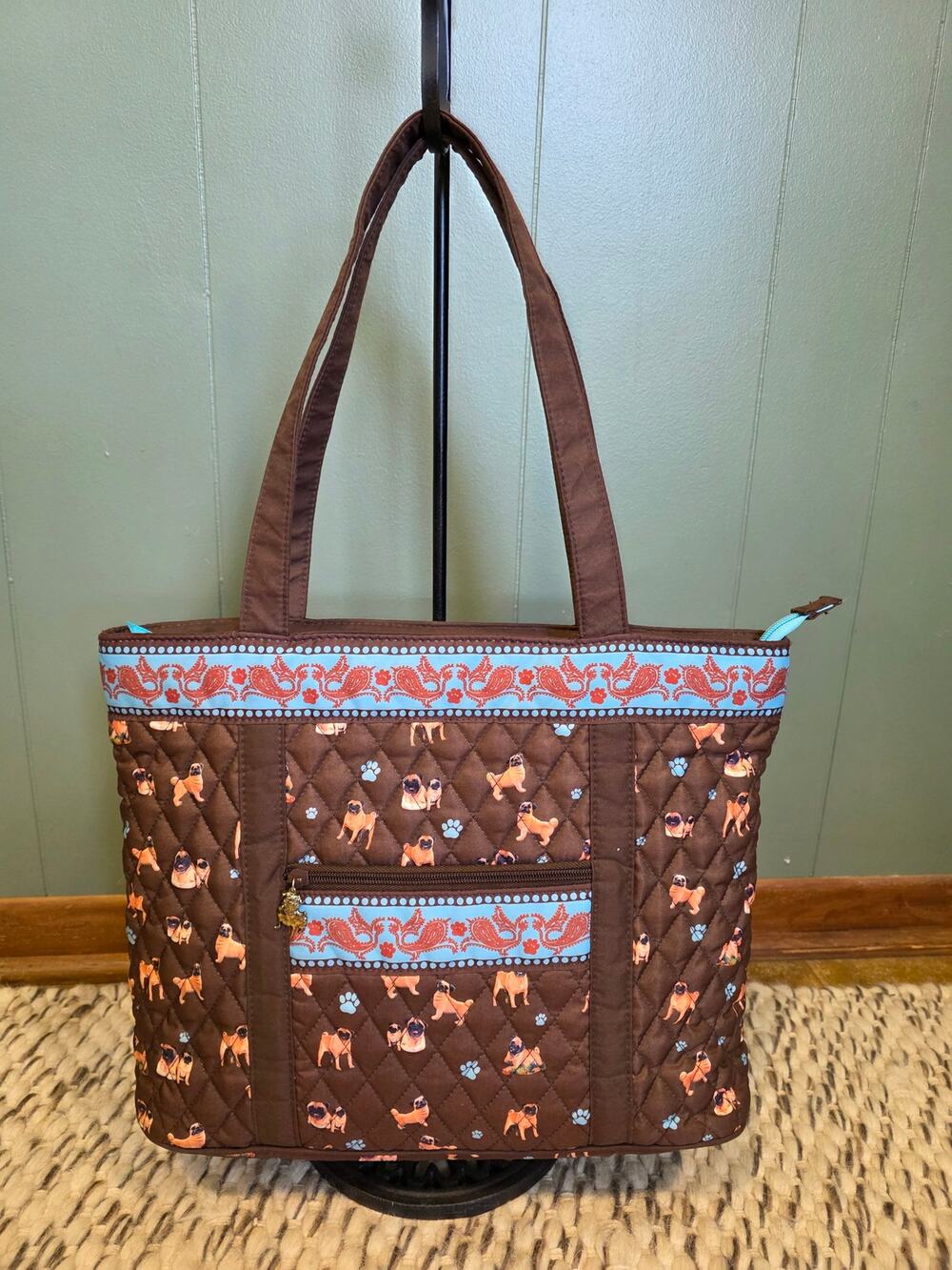 Bradford Exchange Pug Print Quilted Brown Tote Bag and Matching Wristlet Pouch